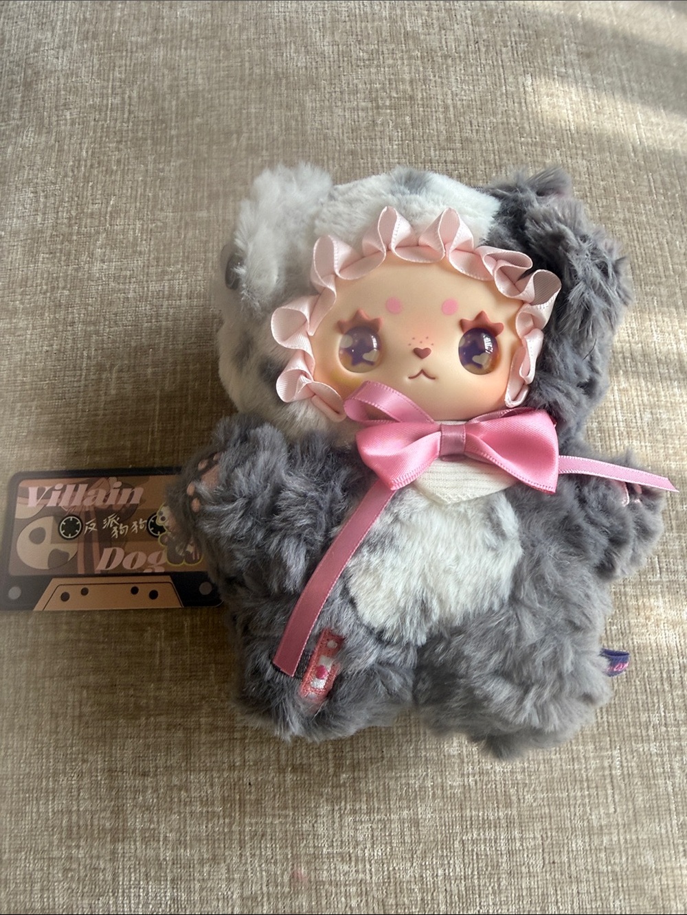 Plush Doll in Gray Faux Fur with Pink Bow